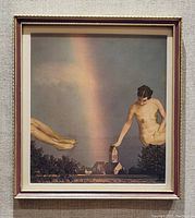 Front view of the framed collage showing the full artwork with figures, rainbow and church steeple.