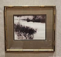 Frontal view of vintage abstract midcentury photograph framed with bamboo styled frame and metallic matting on beige mat board.