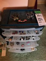 Photo showing the Rubbermaid storage bin filled with various costume jewelry pieces organized in drawers. Top of the bin holds a butterfly brooch and a pink rhinestone brooch.