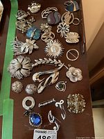 Overhead shot of all brooches arranged on tabletop