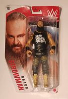 Front view of packaged Braun Strowman WWE action figure with Mattel Series 107 branding and close-up image of Braun Strowman.