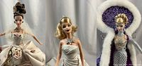 Three Barbie collector edition dolls shown side by side: Duchess of Diamonds in white gown, Antique Rose with updo, Fantasy Goddess of the Arctic with fur hood.