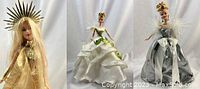 Three Barbie dolls in detailed gowns displayed against a white background showing their full outfits and sizes.