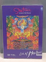 Front cover of the Santana DVD titled 'Hymns for Peace Live at Montreux' showing colorful spiritual artwork with band name and event title.
