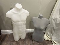 Two mannequins positioned side by side on wooden floor against wall, male torso on left, female torso on right