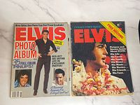 Front covers of two vintage Elvis Presley magazines: one limited edition photo album and one collector's issue with free record.