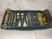 All 22 grooming and pedicure tools neatly arranged in the open blue corduroy case showing mother of pearl handles on most tools.
