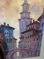 Close-up of lithograph artwork showing colored Venetian buildings and canal details.