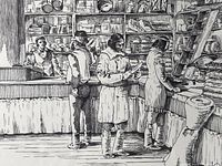 Close-up photo of one black-and-white print showing interior store scene with people and shelves