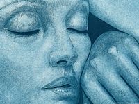 Close-up of a blue toned etching showing a sleeping face resting on a bent arm.