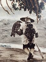 Close-up view of the figure in traditional attire with bird perched on arm in the landscape print.