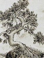 Close-up of the twisted tree detail in one print, showing drawing style and texture.