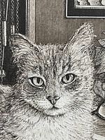 Close-up detailed view of the cat's face from the lithograph print illustrating the intricate line work and texture of the print.