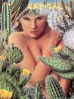 Close-up photo of one print showing detailed cacti and partial woman figure.