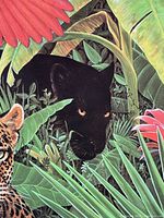 Close-up of black panther in jungle print "Jungle Story" showing detailed tropical leaves and red flower.