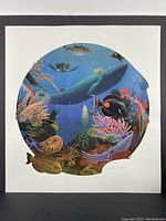 Frontal view of one coral reef round print showing underwater sea life with whale and colorful coral reef.