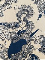 Close-up of the lithograph artwork showing detailed depiction of a female figure with an elaborate headdress and surrounding ornamental patterns.