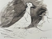 Close-up of two pigeons and lower right edition number '40/500' and signature.