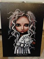 Front view of the art print showing a stylized girl with white and pink hair, wearing a white coat with black belt and signature at the bottom.