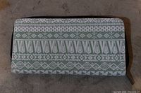 Top view of the green fabric purse showing patterned exterior design and zipper closure.