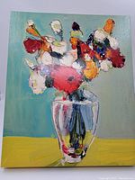 Full image of the canvas print showing abstract floral artwork in a glass vase with a teal and yellow background.