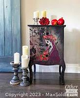 Front view of the Gothic nightstand decorated with Day of the Dead imagery, showing all three drawers and top surface with staging candles and flowers (not included).