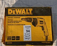 Box for DeWalt DW255 drywall screwgun, shows brand, model, and rpm specs