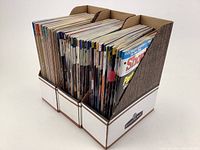 Three cardboard magazine holders filled with about 75 ShopNotes magazines, visible spines showing different issues.