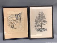 Two framed etchings side by side, showing overall condition and artwork