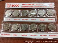 Photo showing front side with designs and theme labels of 12 Millennium quarters in plastic sleeve