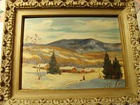 Framed oil painting of a winter rural landscape with snow, houses, mountain, and a person with a dog.