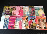 15 vintage knitting and crocheting magazines laid out in two rows showing colorful covers with women in knitwear