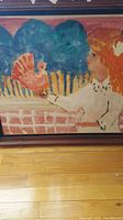 Close-up photo of the painting showing part of the girl and the turkey with the background trees and fence.