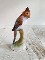 Front side view of the vintage parrot pottery figurine showing detailed colors and glaze.