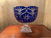 Front view of cobalt blue cut glass pedestal bowl showing starburst and lattice patterns
