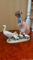 Side view of the porcelain figurine showing the girl and four ducks with detailed base on wooden surface.