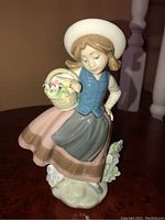 Front angle view of the figurine showing the girl's face, basket, and flowing skirt.