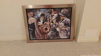 Full view of framed artwork showing the jazz band and frame details