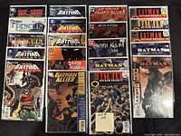 Photo of 20 high grade Batman-related comics bagged and boarded from various series including Detective Comics, Gotham Knights, Allies, Penguin, and Arkham Asylum.