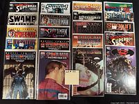 Photo showing all 20 bagged and boarded comic books including Superman, Swamp Thing, Spider-Man, Shazam, Stephen King, Sandman, Spawn, Superboy, Batman titles.