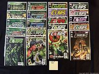 Photo of 20 bagged and boarded Green Lantern and Green Lantern Corps comic books in high grade condition.