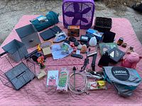 Large assortment of various household items laid out on pink blanket including fan, baskets, salt lamps, piggy bank, cables, iron, and LoveSac cover