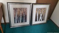 Photo showing two framed art prints standing on carpet, each with images of birch trees and autumn leaves.