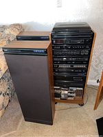 Yorx stereo system with the main unit and two large floor speakers, showing the overall size and condition.