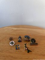 Eight vintage pins displayed on wooden surface. Pins vary in theme from postal logos, historic figure, building, deer emblem, abstract design, and dragon figure.