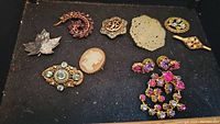 Overview of all jewelry pieces included: brooch with matching earrings and seven additional brooches arranged on black background.