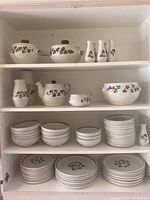Full set of Denby dishes displayed on shelves showing dinner plates, dessert plates, bowls, teapot, creamer, sugar bowl, salt and pepper shakers with grapevine floral pattern