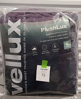 Front view of the packaged VeluX PlushLux king size electric blanket, showing brand and product details including softness, warmth, and king size designation.