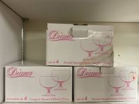 Three boxes of Diana footed dessert nappy glasses, each box marked as set of 4, 200ml capacity.