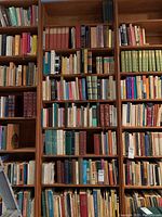 Tall, full wooden bookshelves packed with varying hardcover and softcover books arranged vertically, with a ladder visible in the lower left corner.